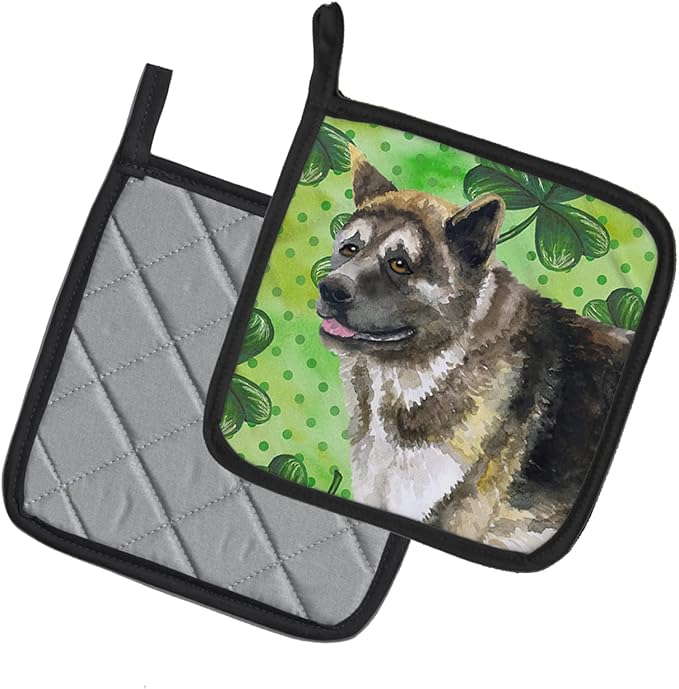 Caroline's Treasures BB9843PTHD American Akita St Patrick's Pair of Pot Holders, Green Kitchen Heat Resistant Pot Holders Sets Oven Hot Pads for Cooking Baking BBQ, 7 1/2 x 7 1/2
