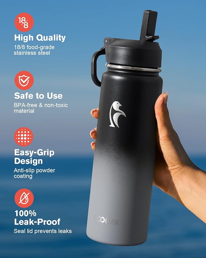 Coolflask Water Bottle 24 oz Insulated with Straw, Stainless Steel Metal 3 Lids Water Flask Wide Mouth for Sports or Office, Non-BPA Keep Cold Up to 48 Hrs or Hot Up to 24 Hrs, Piano Night
