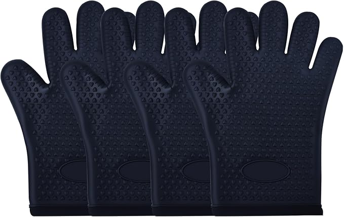 Silicone Oven Mitts Heat,2 Pair Non-Slip Five-Finger Oven Gloves, Waterproof Flexible BBQ Grilling Gloves with Hanging Loops, Kitchen Mitts for Baking Cooking Frying (Black)