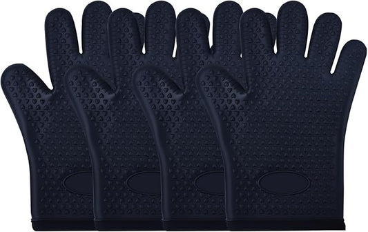 Silicone Oven Mitts Heat,2 Pair Non-Slip Five-Finger Oven Gloves, Waterproof Flexible BBQ Grilling Gloves with Hanging Loops, Kitchen Mitts for Baking Cooking Frying (Black)