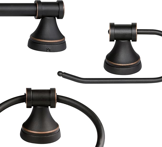 Globe Electric 50192 Parker 5-Piece All-In-One Bathroom Set, Oil Rubbed Bronze, 3-Light Vanity Light with Clear Glass Shades, Towel Bar, Towel Ring, Robe Hook, Toilet Paper Holder, Oil-rubbed Bronze