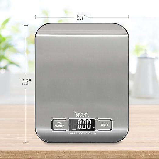 DMI Digital Food Scale and Kitchen Scale for Cooking, Baking and Meal Prep, Withstands up to 11 Pounds of Weight, Measures units between oz, g, mL, lb, oz, 304 Stainless Steel