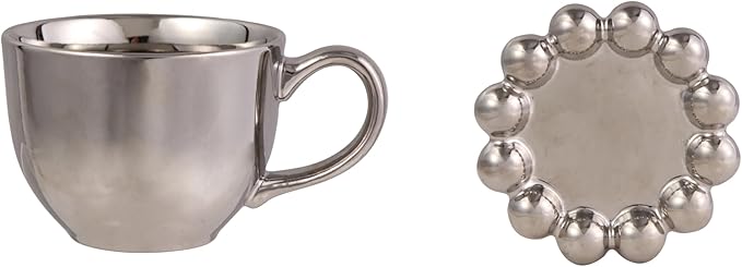 Bloomingville 12-Ounce Stoneware Mug with Ball Edge Saucer, Chrome-Finish