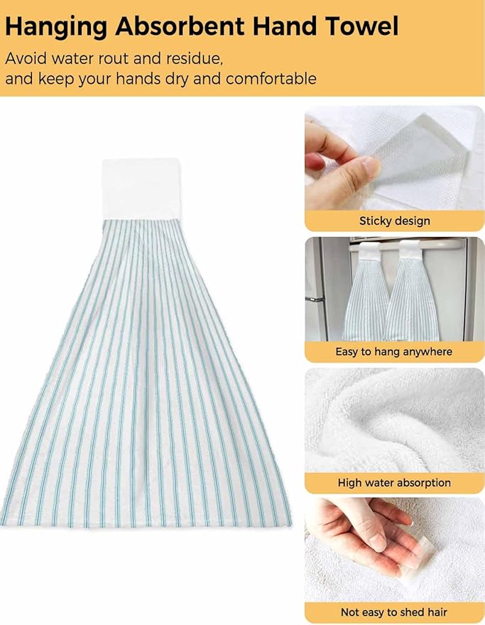 Alandar Home Kitchen Tie Towel Set of 2, Ocean Blue Stripes Seamless Ticking Stripe Absorbent Soft Hand Towels for Bathroom Hanging Towels, Farmhouse Pinstripe Fast Drying Cleaning Cloth with Loop