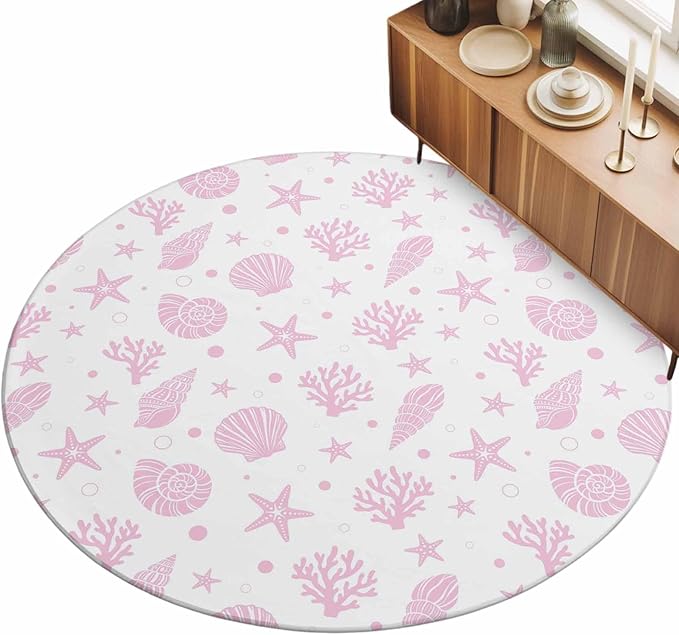 Washable Round Area Rug Pink Ocean Shell Conch Coral Starfish Circle Rugs Floor Carpet for Living Room Bedroom, Summer Marine Theme Soft Non Slip Round Rug 5ft