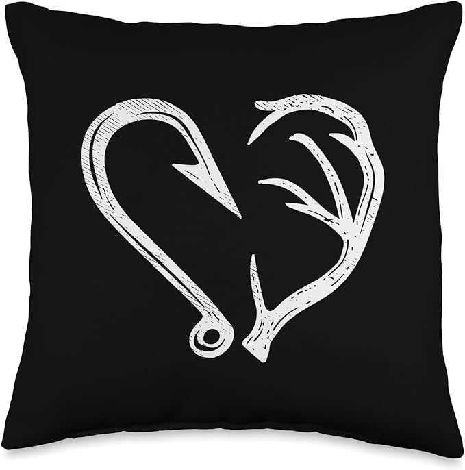 Hook Antler Heart Love Fishing Hunting Fish Deer Hunter Gift Throw Pillow