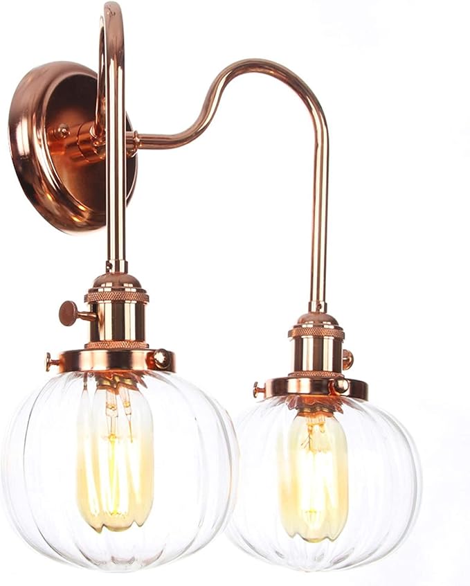 Wall Lamps with Switch, 2-Lights Rose Gold Bathroom Vanity Lights Wall Mounted Lighting Clear Glass Lampshade Wall Sconces(Color:E)