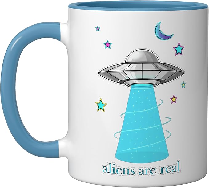 Aliens Are Real Retro UFO Flying Saucer Beam Space Ceramic Mug, Blue/White