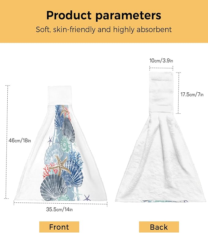Alandar Home Kitchen Tie Towel Set of 2, Ocean Shells Starfish Coral Absorbent Soft Hand Towels for Bathroom Hanging Towels, Watercolor Marine Life Fast Drying Cleaning Cloth with Loop