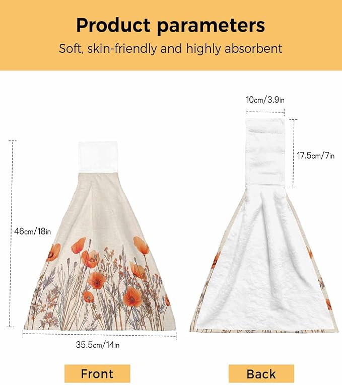 Alandar Home Kitchen Tie Towel Set of 1, Watercolor Garden Flower Plant Absorbent Soft Hand Towels for Bathroom Hanging Towels, Blossom Poppy Floral on Burlap Fast Drying Cleaning Cloth with Loop