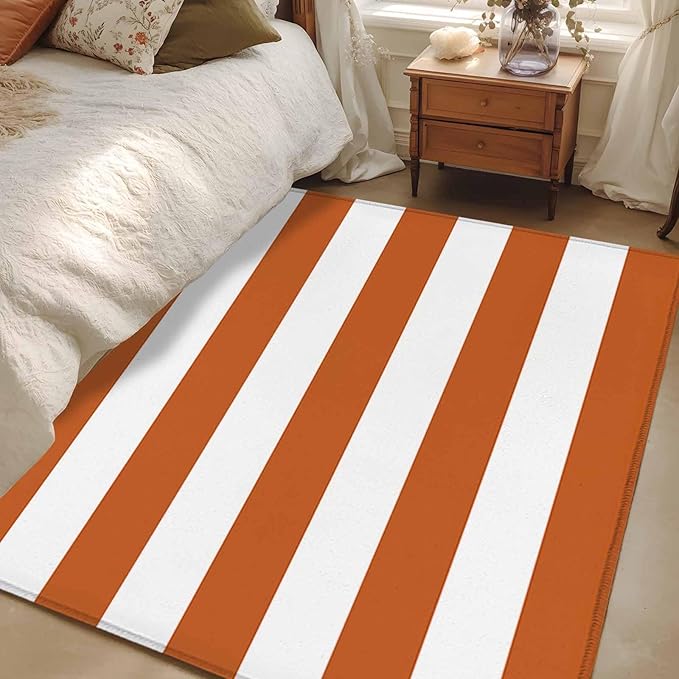 Area Rug 3x5ft, Farmhouse Classic Stripes Washable Rugs for Living Room Bedroom, Orange White Soft Non-Slip Area Rugs Rectangle Floor Carpet for Dining Room