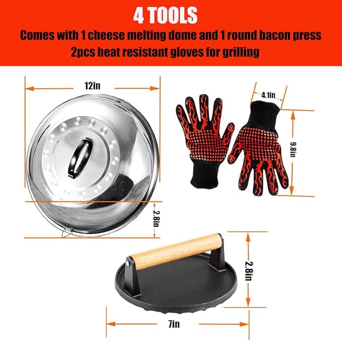 4 Piece Griddle Accessories Kit for Blackstone- 12'' Cheese Melting Dome Stainless Steel with 7'' Burger Bacon Press and 2 Pcs BBQ Heat Resistant Gloves for Flat Top Griddle Grill Indoor Outdoor