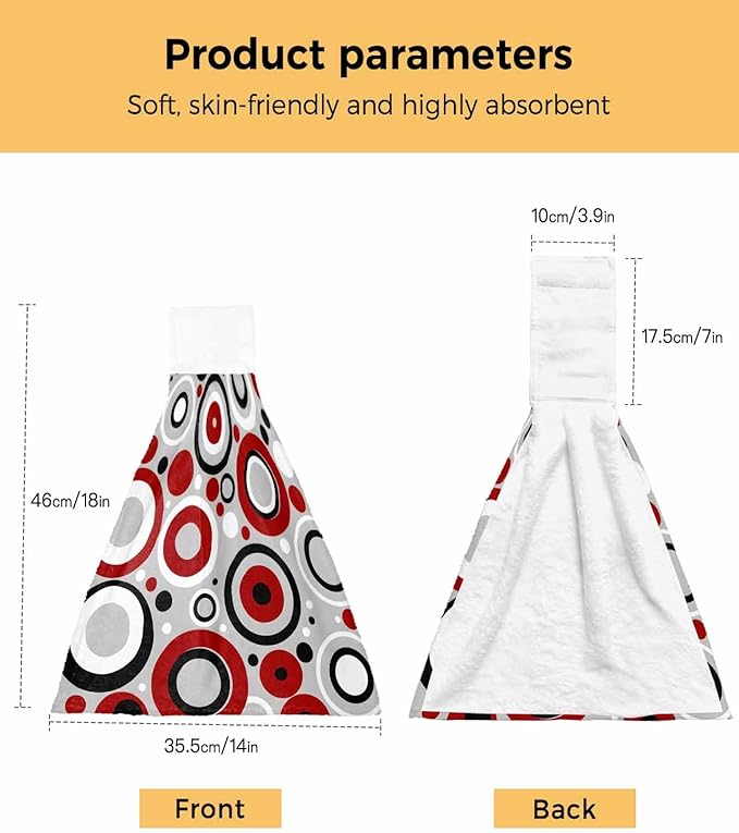 Alandar Home Kitchen Tie Towel Set of 1, Red White Black Circle on Gray Absorbent Soft Hand Towels for Bathroom Hanging Towels, Modern Geometric Art Fast Drying Cleaning Cloth with Loop