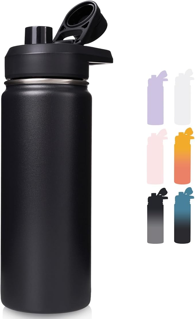 Fijinhom 18 oz Insulated Water Bottle with Handle, 304 Stainless Steel Water Bottles with Wide Mouth, Double Wall Vacuum Sports Water Bottle, BPA Free, Keep Cold and Hot, Black