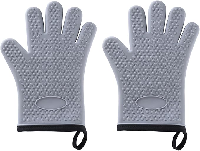 Silicone Oven Mitts with Fingers 2 Pack, Heat Resistant 500°F, Non‑Slip Waterproof Grey Kitchen Oven Gloves with Soft Cotton Lining for Baking, Grilling, BBQ