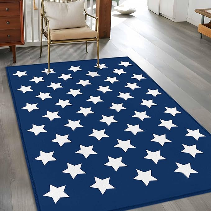 Area Rug 4x6ft, 4th of July White Star on Navy Blue Washable Rugs for Living Room Bedroom, Independence Freedom Liberty Soft Non-Slip Area Rugs Rectangle Floor Carpet for Dining Room