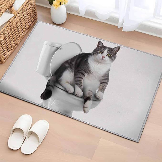 Area Rug 2x3ft, Cute Funny Cat on The Toilet Washable Rugs for Living Room Bedroom, Animal Grey Art Soft Non-Slip Area Rugs Rectangle Floor Carpet for Dining Room