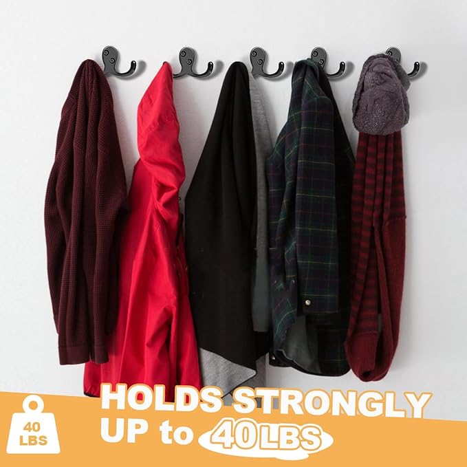 CBWLWJ 10 Pack Coat Hooks Wall Hooks for Hanging, Heavy Duty Double Prong Metal Hook Wall Mounted for Living Room, Bathroom, Kitchen, Bedroom for Coat, Bag, Scarf, Towel, Hat, Key, Cup (Black)
