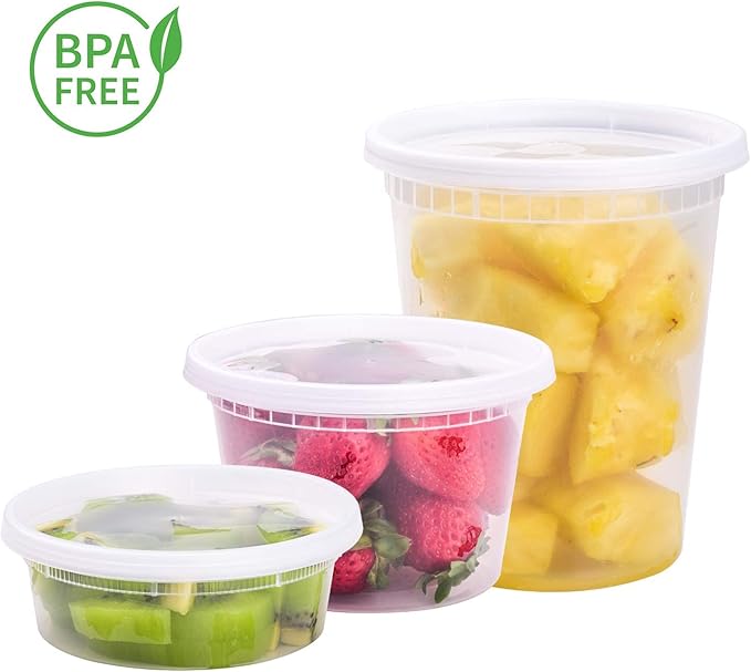 TashiBox 24 Sets Plastic Deli Food Containers With Lids, 8 oz 16oz 32oz, 8 sets each, Airtight Food Storage Containers, Freezer/Dishwasher/Microwave Safe, Soup Containers For Takeout Food Storage