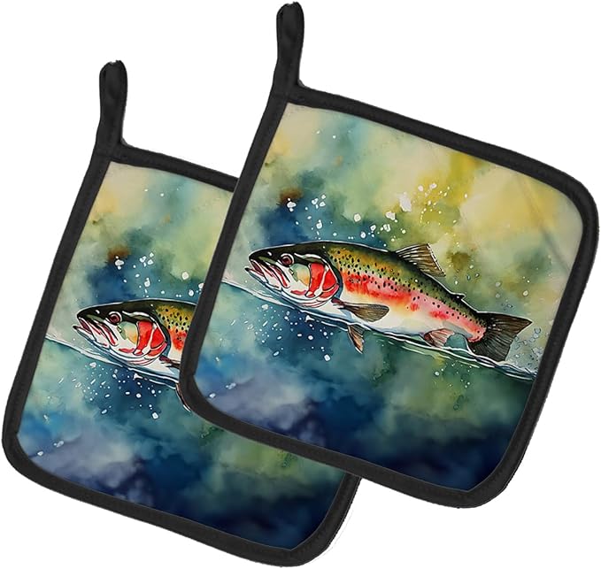 Caroline's Treasures Trout Pair of Pot Holders Kitchen Heat Resistant Pot Holders Sets Oven Hot Pads for Cooking Baking BBQ, 7 1/2 x 7 1/2
