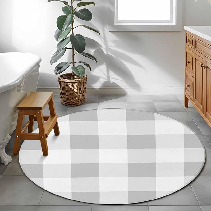 Washable Round Area Rug Light Grey White Plaid Circle Rugs Floor Carpet for Living Room Bedroom, Farmhouse Decoration Buffalo Check Soft Non Slip Round Rug 4ft