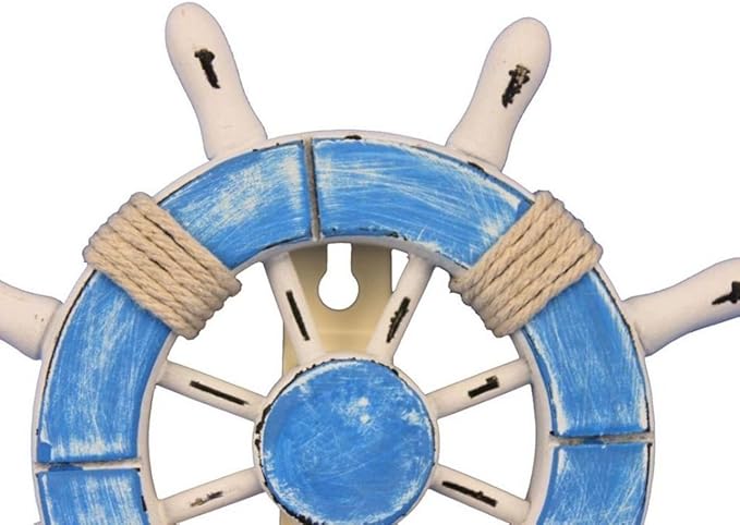 Hampton Nautical Wheel-6-109 Rustic Decorative Ship Wheel with Hook, 6", Light Blue and White