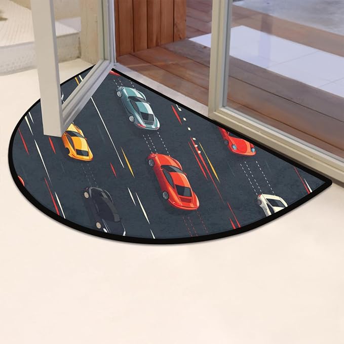 Modern Car Half-Round Door Mat | Indoor Entrance Half-Moon Rug | Low-Pile | Area Rug, Non-Slip, Absorbent Semi-Circle Welcome Mats for Kitchen, Patio, and Home Decor | 36x24 Inches