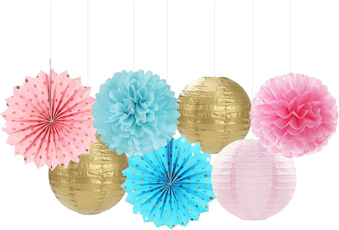 OURUOLA Pink Blue-Gold Party-Decorations Streamers Lanterns - 14pcs Gender Reveal Boy or Girl Birthday Paper Lanterns Fan,Tissue Pom Poms Streamer, Honeycomb Balls Decor