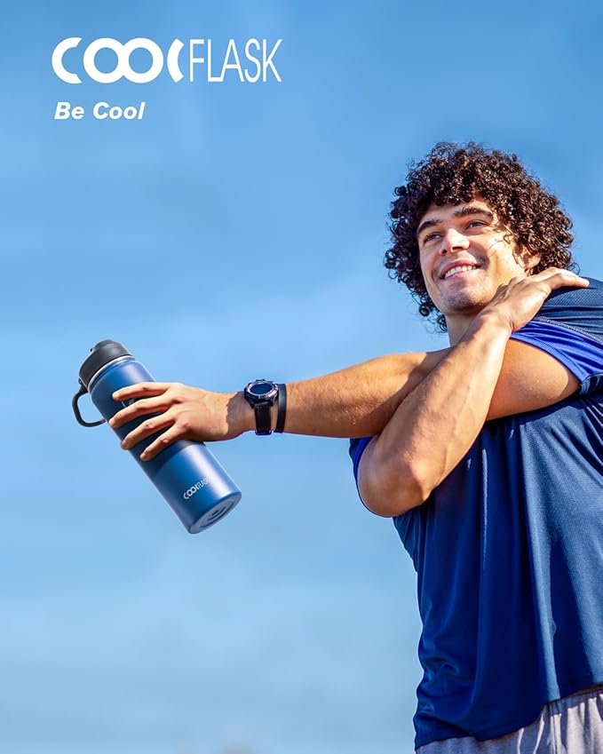 Coolflask Water Bottle 24 oz Insulated with Straw, Stainless Steel Metal 3 Lids Water Flask Wide Mouth for Sports or Office, Non-BPA Keep Cold Up to 48 Hrs or Hot Up to 24 Hrs, King's Blue