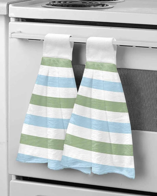 Alandar Home Kitchen Tie Towel Set of 2, Geometric Sage Green and Blue Stripes Absorbent Soft Hand Towels for Bathroom Hanging Towels, Minimalist Lines on White Fast Drying Cleaning Cloth with Loop