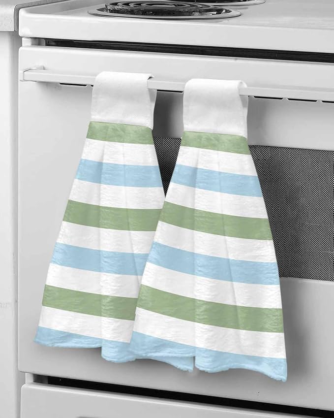 Alandar Home Kitchen Tie Towel Set of 1, Geometric Sage Green and Blue Stripes Absorbent Soft Hand Towels for Bathroom Hanging Towels, Minimalist Lines on White Fast Drying Cleaning Cloth with Loop