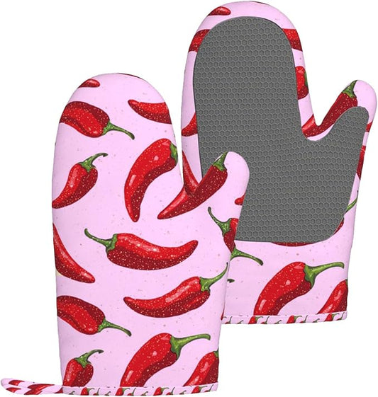 Peppers Silicone Oven Mitts Set of 2, Heat Resistant up to 500°F, Kitchen Oven Gloves with Non-Slip Grip and Soft Cotton Lining for Baking, Cooking and BBQ