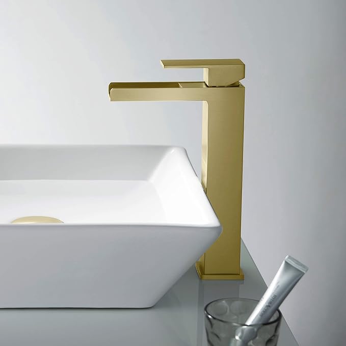 KIBI Waterfall Bathroom Sink Faucet | Single Handle Brass Vanity Faucet with Water Supply Hose | Durable Brass Construction and Smooth Water Flow | Brushed Gold, KBF1005