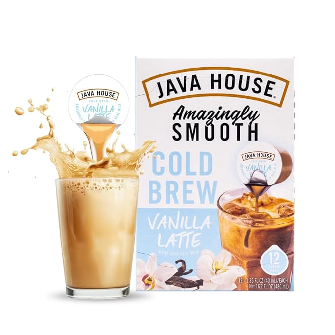 JAVA HOUSE French Vanilla Latte Cold Brew Coffee Pods, (12 Count) Peel and Pour Pods Hot or Iced