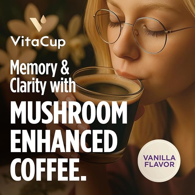 VitaCup Mushroom Coffee Grounds, Vanilla Flavored Coffee with Lions Mane, Chaga, B Vitamins, D3, Boost Focus, Immunity, Memory & Clarity, Medium Dark Roast, 100% Arabica Specialty, 10oz