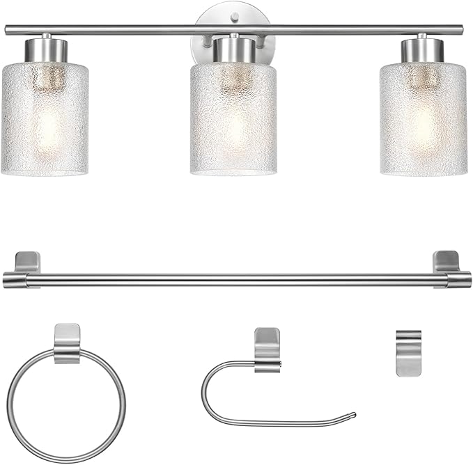 Globe Electric 63000209 5-Piece Bathroom Accessory Set with 23" 3-Light Vanity Light, Brushed Nickel Finish, Frosted Glass Shades, Towel Bar, Robe Hook, Towel Ring, Toilet Paper Holder