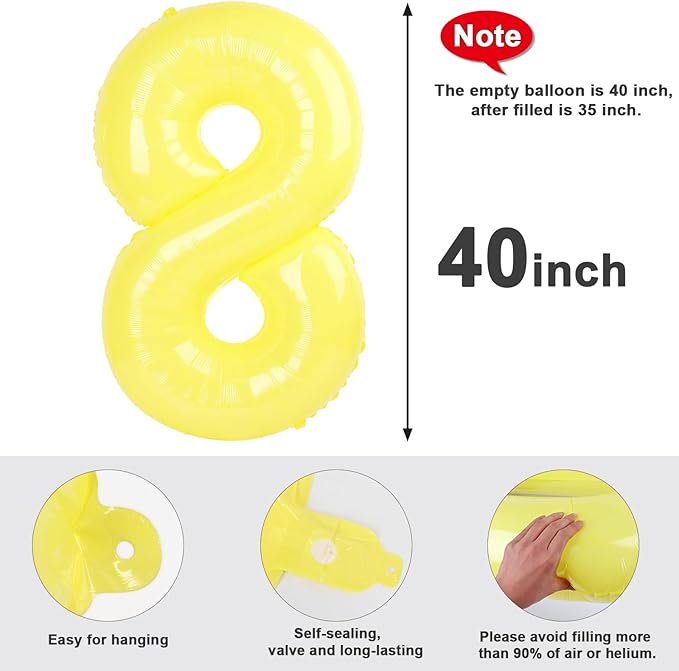 40 Inch Number 8 Balloon, Yellow 8 18 28 80 Birthday Balloons for Men Boys, 8th Birthday Decorations Party Supplies, Wedding, Graduations