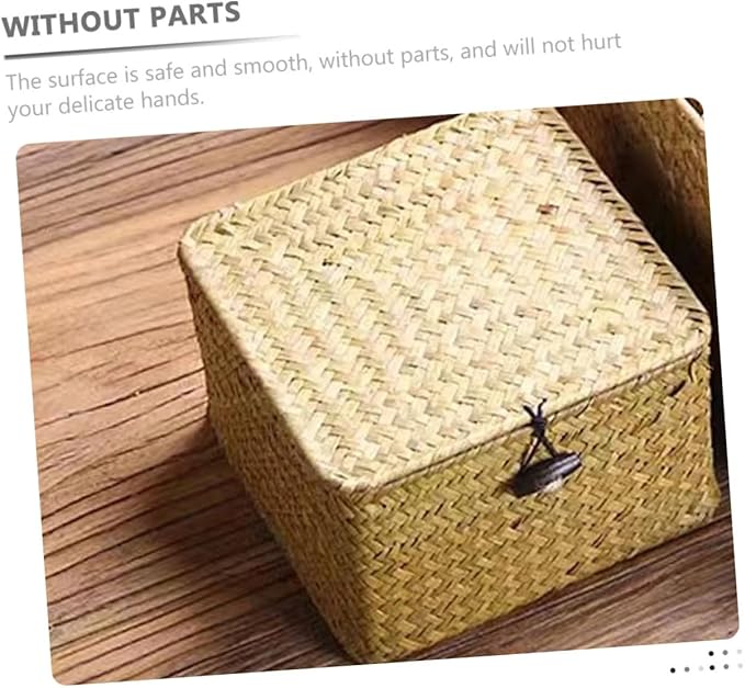 IMIKEYA 1Pc Natural Woven Storage Box with Lid Multi Functional present Holding Basket for Home Decor for Organizing Bedroom Stylish