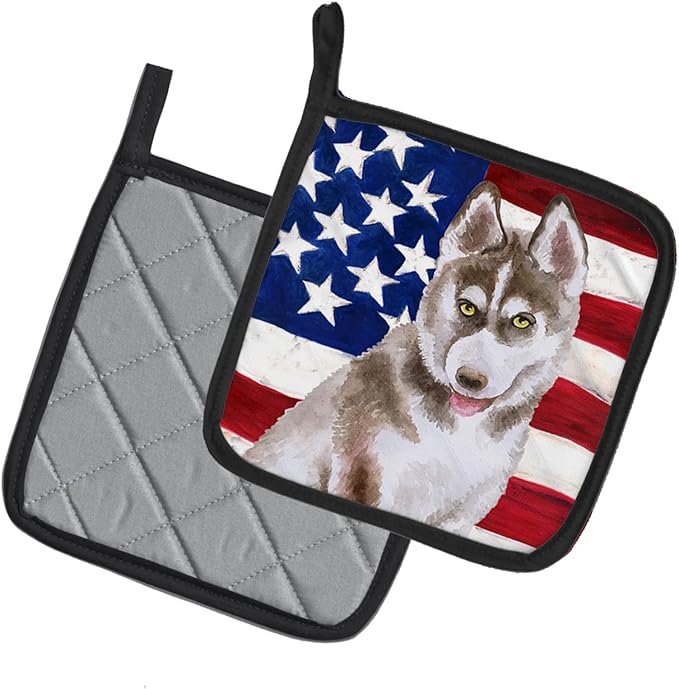 Caroline's Treasures BB9696PTHD Siberian Husky Grey Patriotic Pair of Pot Holders Kitchen Heat Resistant Pot Holders Sets Oven Hot Pads for Cooking Baking BBQ, 7 1/2 x 7 1/2