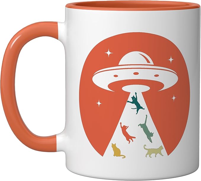 Cat UFO Funny Cat humor Kitten Owner UFO lover flying saucer Ceramic Mug, Orange/White