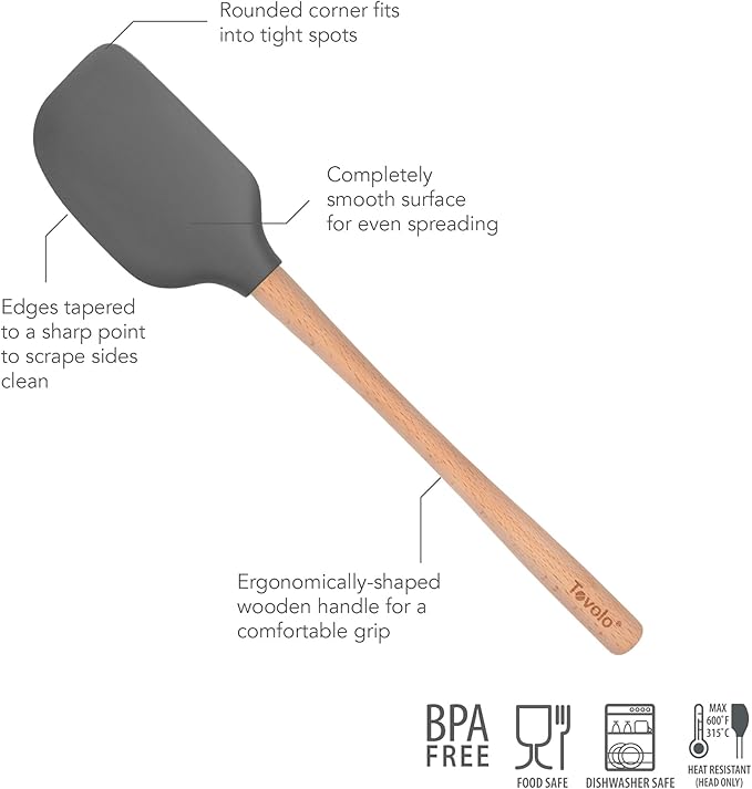 Tovolo Silicone Spatula Wooden Handle for Cooking Baking Mixing, Heat Resistant Food Safe BPA Free Flexible Silicone Baking Spatula with Wood Handles Kitchen Utensils Nonstick Safe, Charcoal Gray