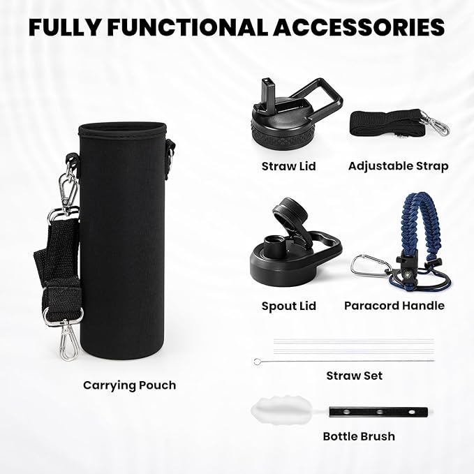 RAYMYLO Insulated Water Bottle 24oz, Triple Wall Vacuum Stainless Steel (Cold for 24Hrs, Hot for 12Hrs), Leak Proof & Non-BPA, 24oz Hydro Water Flask with Paracord Handle & Straw Spout Lids