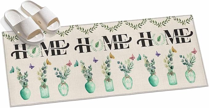 Runner Rug for Bedroom Hallway, Rustic Home Text Eucalyptus Leaf Kitchen Runner Rugs Area Rug 2x6ft, Farmhouse Butterfly Retro Linen Washable Soft Floor Carpet for Entryway Stair