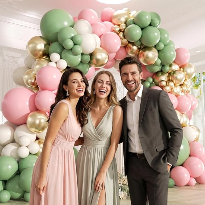 Pink and Green Balloons Arch Kit -153Pcs Sage Green and Pink White Sand Gold Different Size Balloons Garland Kit for Girl Baby Shower Wedding Birthday Jungle Safari Woodland Party Decorations