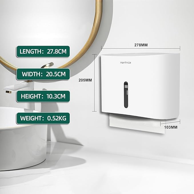 Paper Towel Dispenser Wall Mounted, Adhesive Commercial Paper Towel Dispenser - Wall-Mounted, Fits Multifold/Trifold/C-Fold Towels, Perfect for Bathrooms White