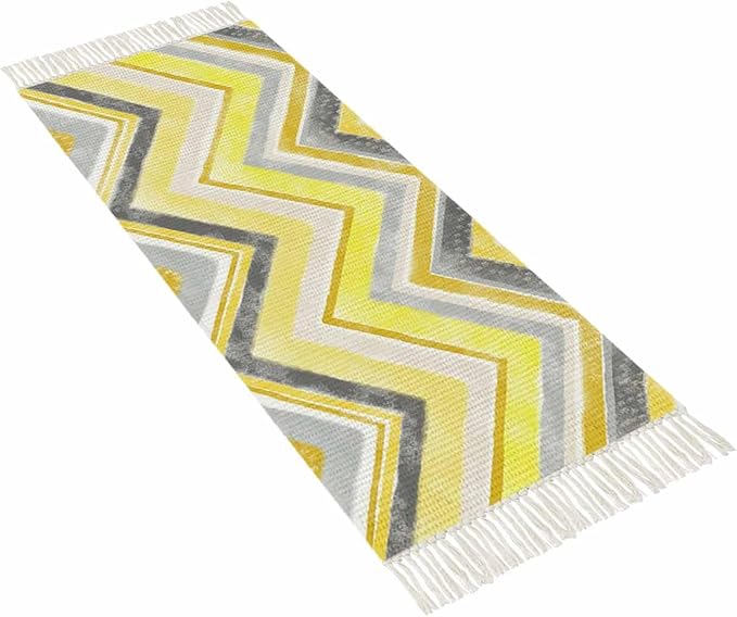 Kitchen Runner Rugs, Yellow Gray Gradient Zigzag Stripe 2'x5' Throw Rug with Tassels, Nordic Style Abstract Art Washable Soft Floor Carpet Runner for Hallway Bedroom Bathroom Laundry Room