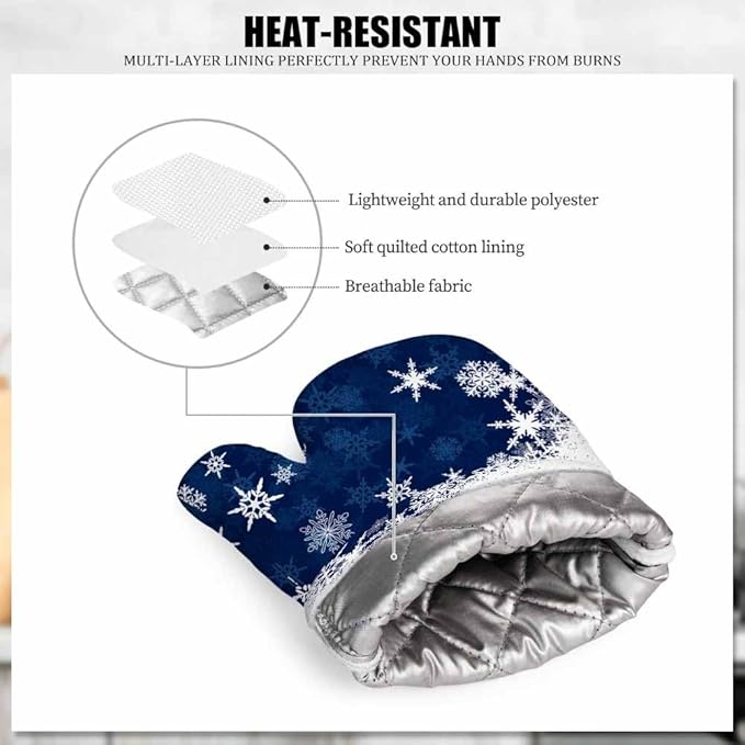 Mxocom Merry Christmas Snowflake Silicone Oven Mitts and Pot Holders Sets Winter Blue Frosty Snow Christmas BBQ Gloves for Kitchen,Cooking,Baking,Grilling