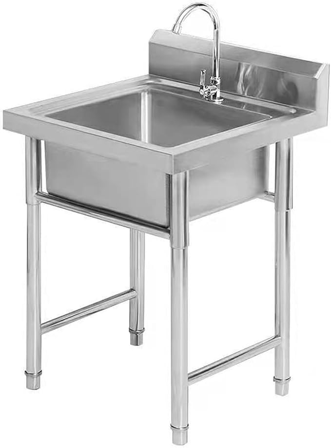 Utility Sink Free Standing Single Bowl, Restaurant Kitchen Sink with Cold and Hot Water Pipe, Stainless Steel Industrial Sink, for Laundry Room Bathroom Farmhouse