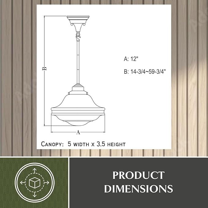 VAXCEL Huntley 12 inch Adjustable Semi-Flush Ceiling Pendant Light, Farmhouse Schoolhouse Style, Natural Brass Finish, White Milk Glass, Dimmable E26 Bulb Compatible, Damp Rated