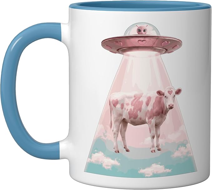 Funy Pink Heart Cow Alien Abduction UFO Space Nerd Ceramic Mug, Blue/White